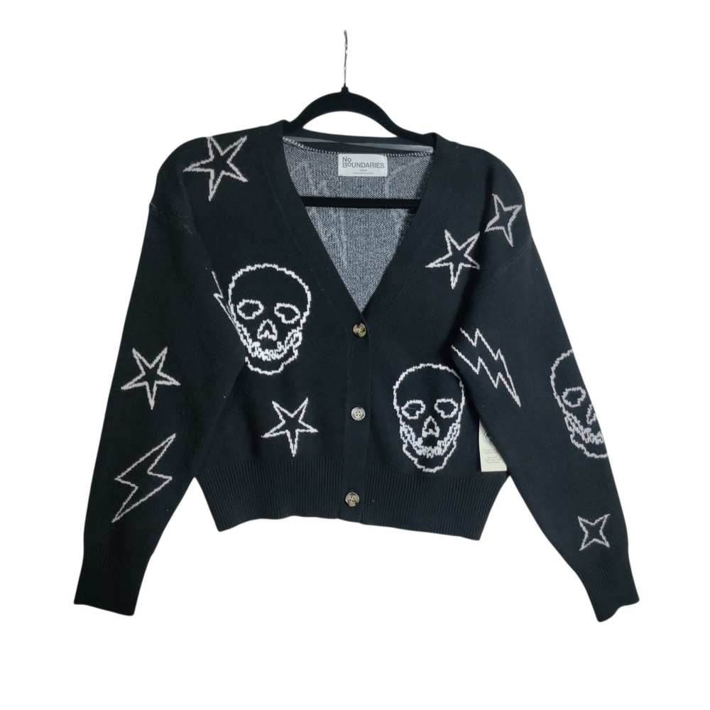 No Boundaries Black Skull Star Lightning Bolt Cardigan Sweater XS 0-2